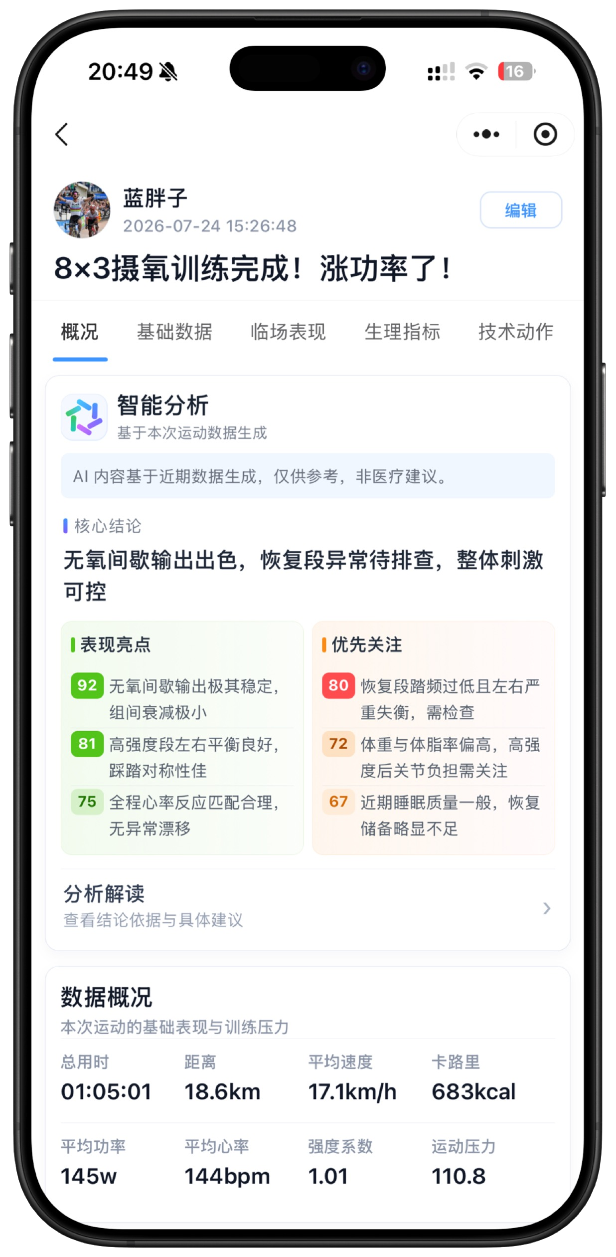 无畏运动训练概况界面，展示智能分析与本次运动数据